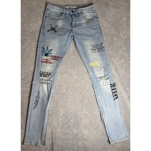 Crysp Denim Jeans Mens Sz 28x32 Blue Distressed Graphic Script Streetwear